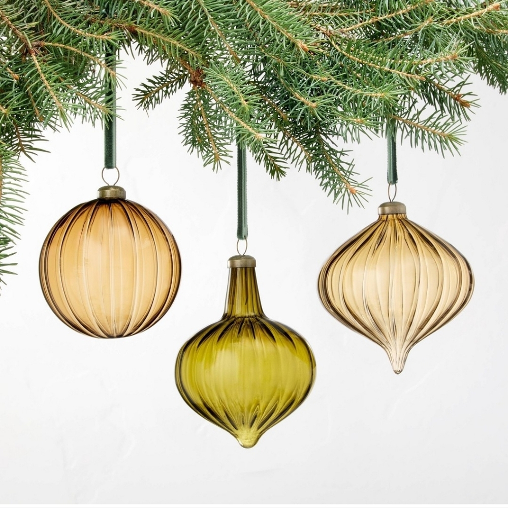 Hearth and Hand Elegant Glass Holiday Ornaments Set NIB- Amber and Olive